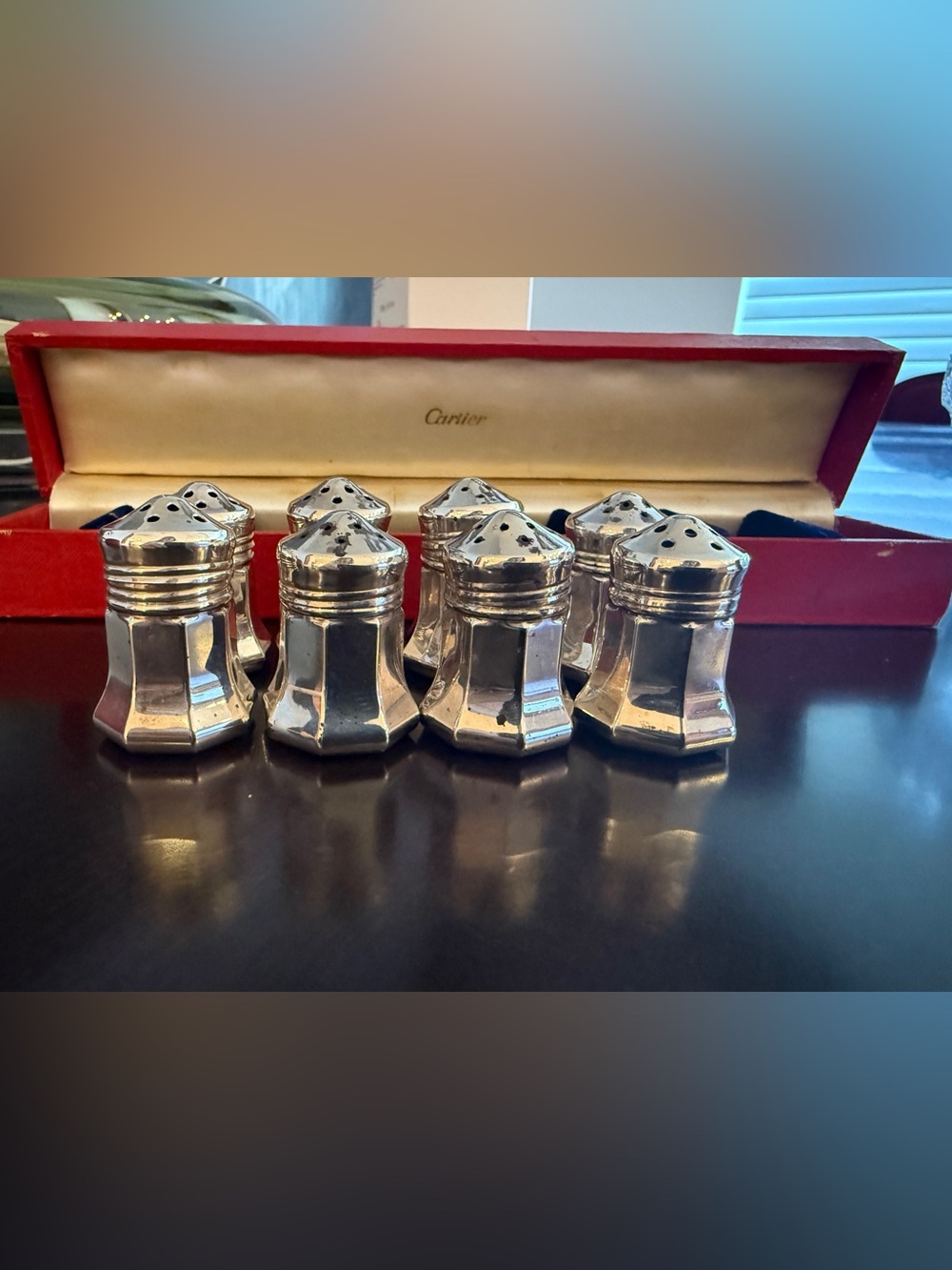 Cartier Vintage Sterling Silver Octagonal Salt and Pepper in Red Box